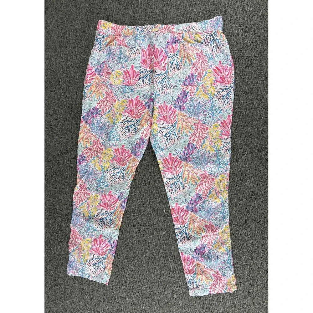 Lilly Pulitzer Pants Womens XL Pink Taron Linen Ankle Drawstring Splashdance